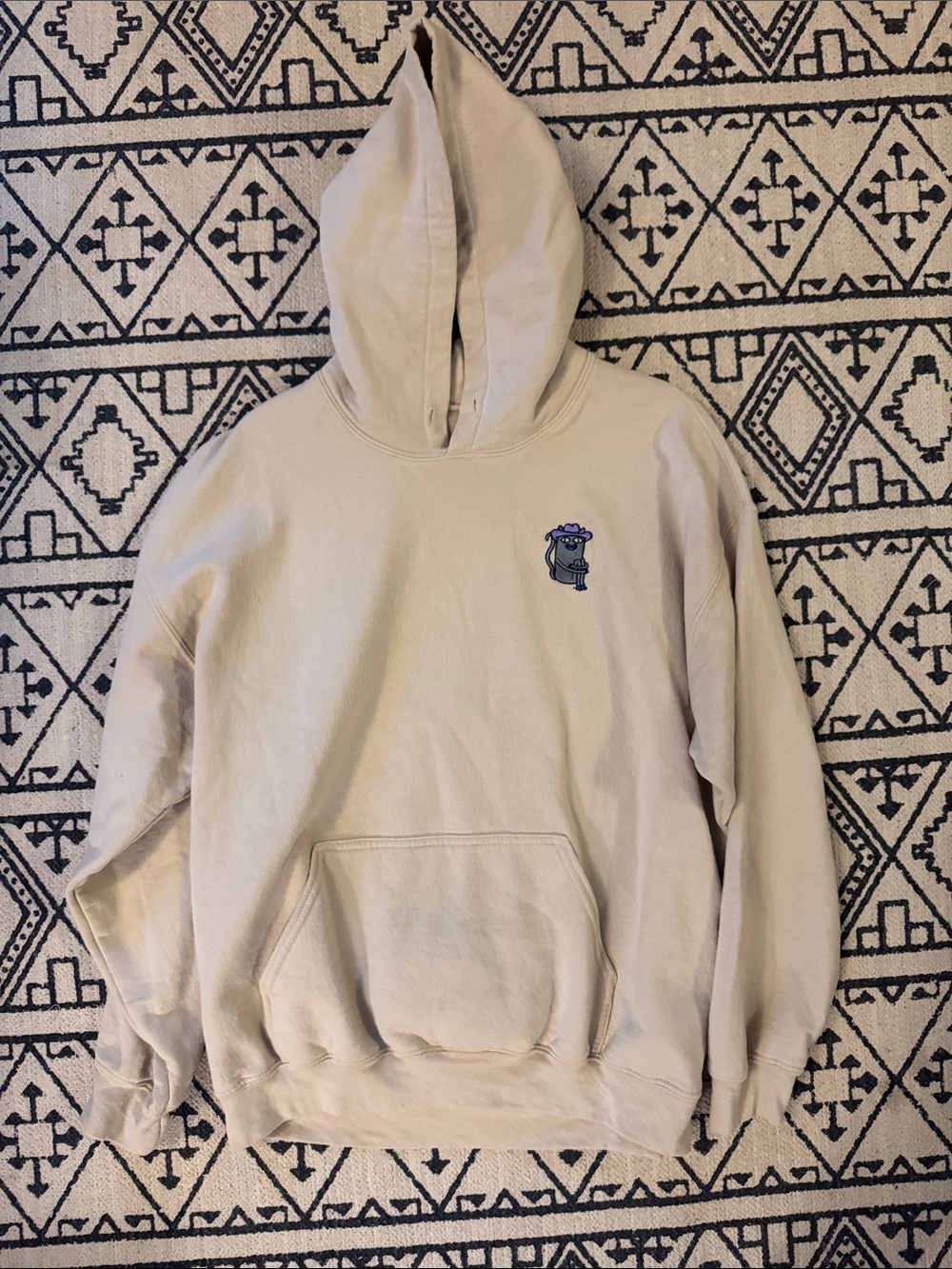 Sinjin Drowning Austin Era Cream Pullover Logo Hoodie with Embroidered Character